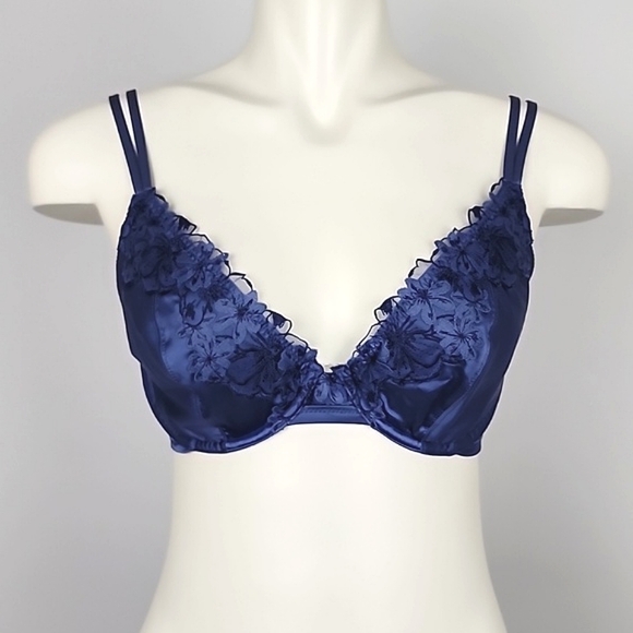 ⭐️2/ $30⭐️ Aerie Blue Satin Lace Rose Gold Hardware Underwire Demi Cup Bra 34DD - Picture 2 of 9